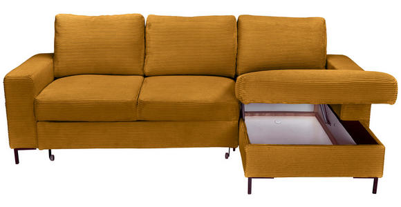 ECKSOFA Currygelb Cord Rückenkissen, Bettkasten, Schlaffunktion, Rücken echt, Liegefläche im Originalstoff  - Currygelb/Schwarz, KONVENTIONELL, Textil/Metall (240/150cm) - Carryhome