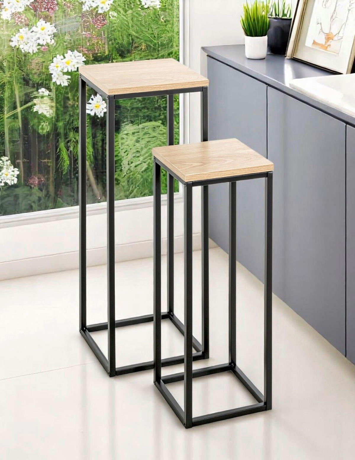 BEISTELLTISCHSET in Metall, Holzwerkstoff 19-23/19-23/54-67 cm  - Eichefarben/Schwarz, Trend, Holzwerkstoff/Metall (19-23/19-23/54-67cm)
