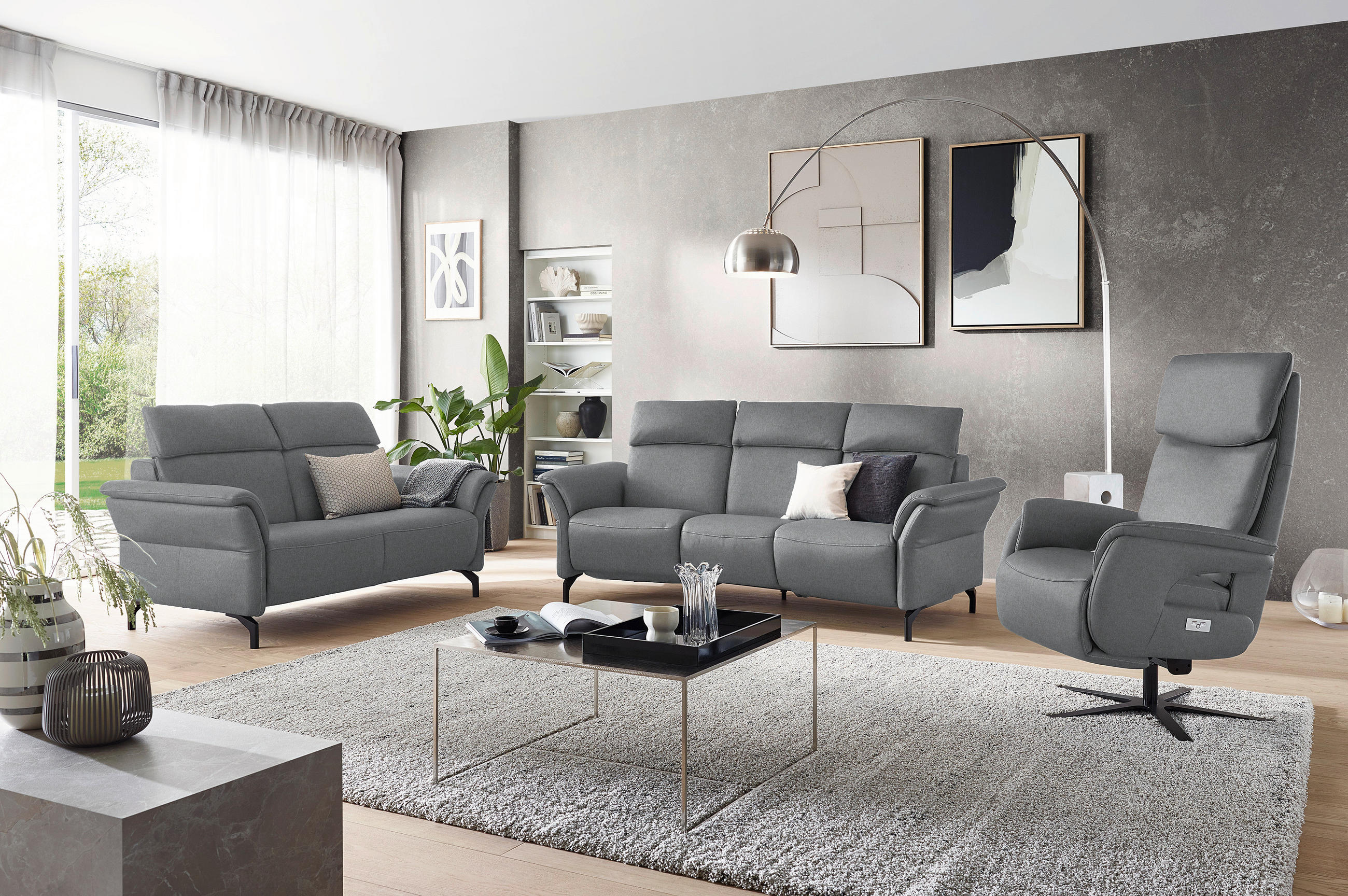 TRAPEZSOFA in Mikrofaser Grau  - Schwarz/Grau, Konventionell, Textil/Metall (221/103/95cm) - Dieter Knoll