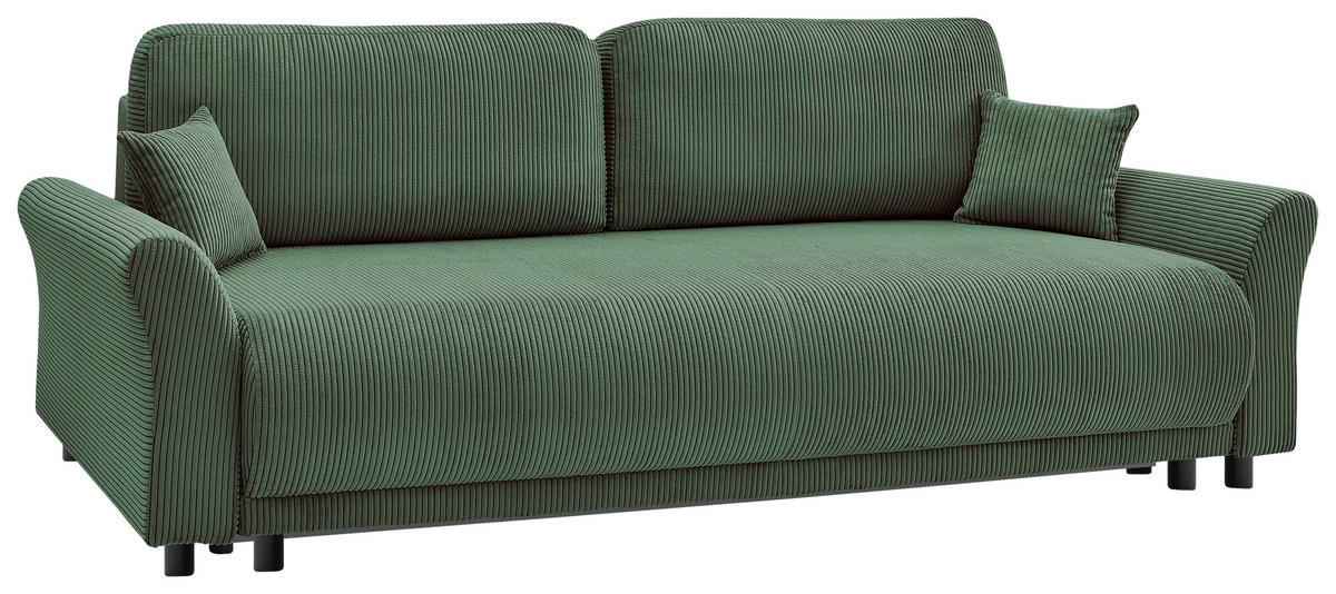 SCHLAFSOFA Malta Cord Grün  inkl. Zierkissen, Rückenkissen, Bettkasten, Schlaffunktion, Rücken echt  - Schwarz/Grün, Design, Textil (244/88/100cm) - P & B