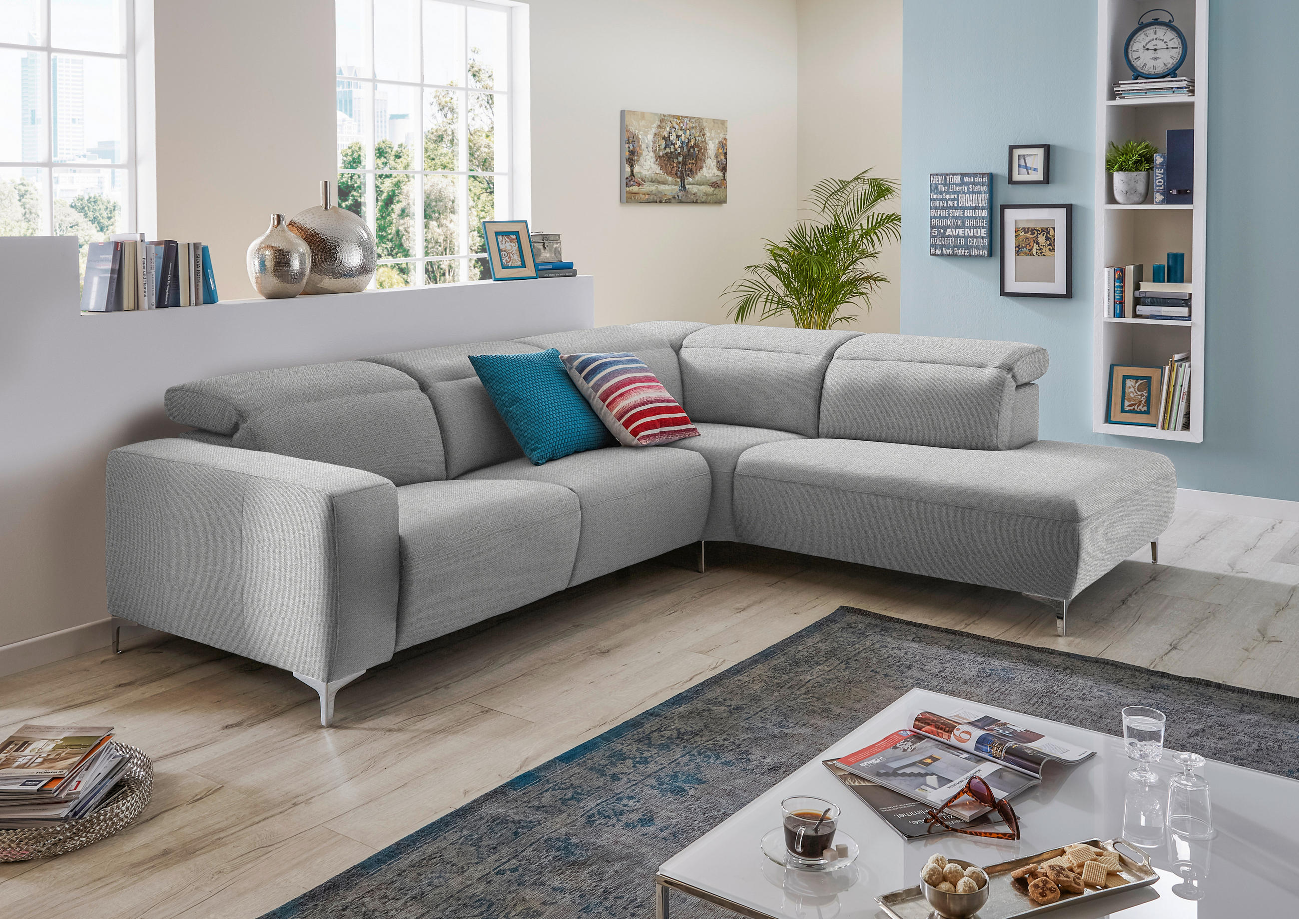 ECKSOFA Hellgrau Flachgewebe  - Hellgrau/Schwarz, Design, Textil/Metall (238/290cm) - Pure Home Lifestyle
