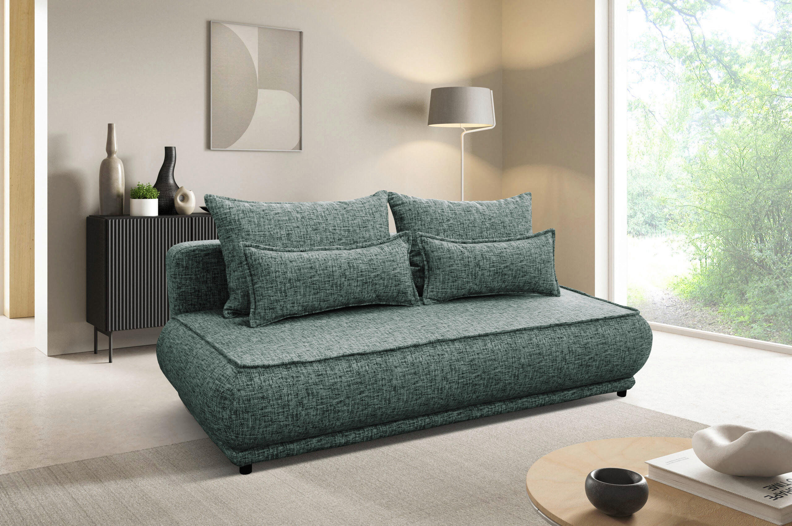 SCHLAFSOFA in Plüsch Grün  - Beige/Schwarz, Design, Kunststoff/Textil (214/96/105cm) - MID.YOU