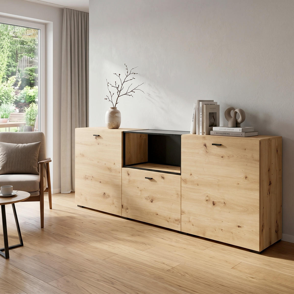 SIDEBOARD  200/75,5/37,5 cm  - Schwarz/Eiche Artisan, Design, Holzwerkstoff/Kunststoff (200/75,5/37,5cm) - MID.YOU