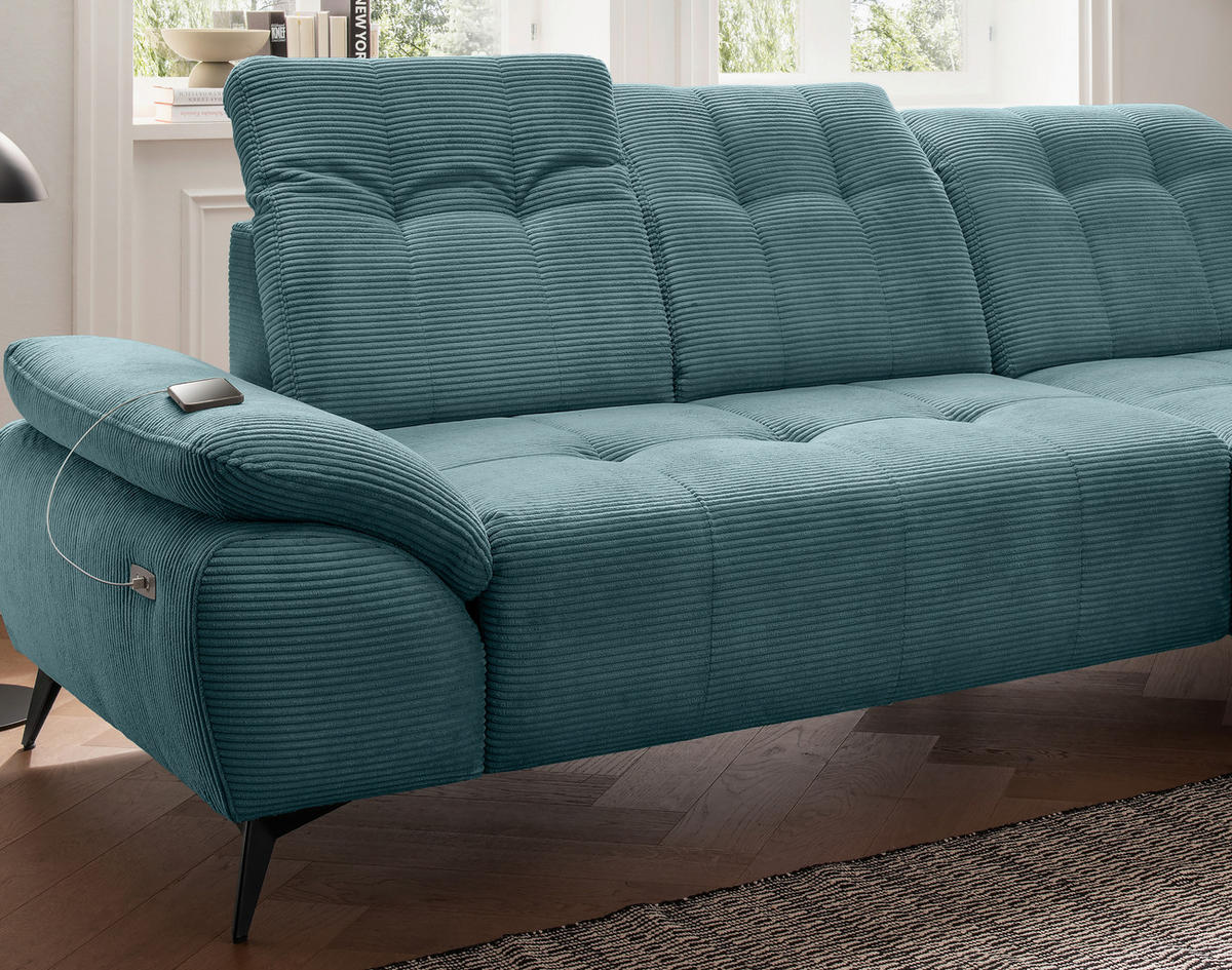 ECKSOFA FIORE in Cord Petrol Kopfteilverstellung, Sitzvorzug  280/180 cm  - Petrol/Schwarz, MODERN, Textil/Metall (280/180cm) - Livetastic