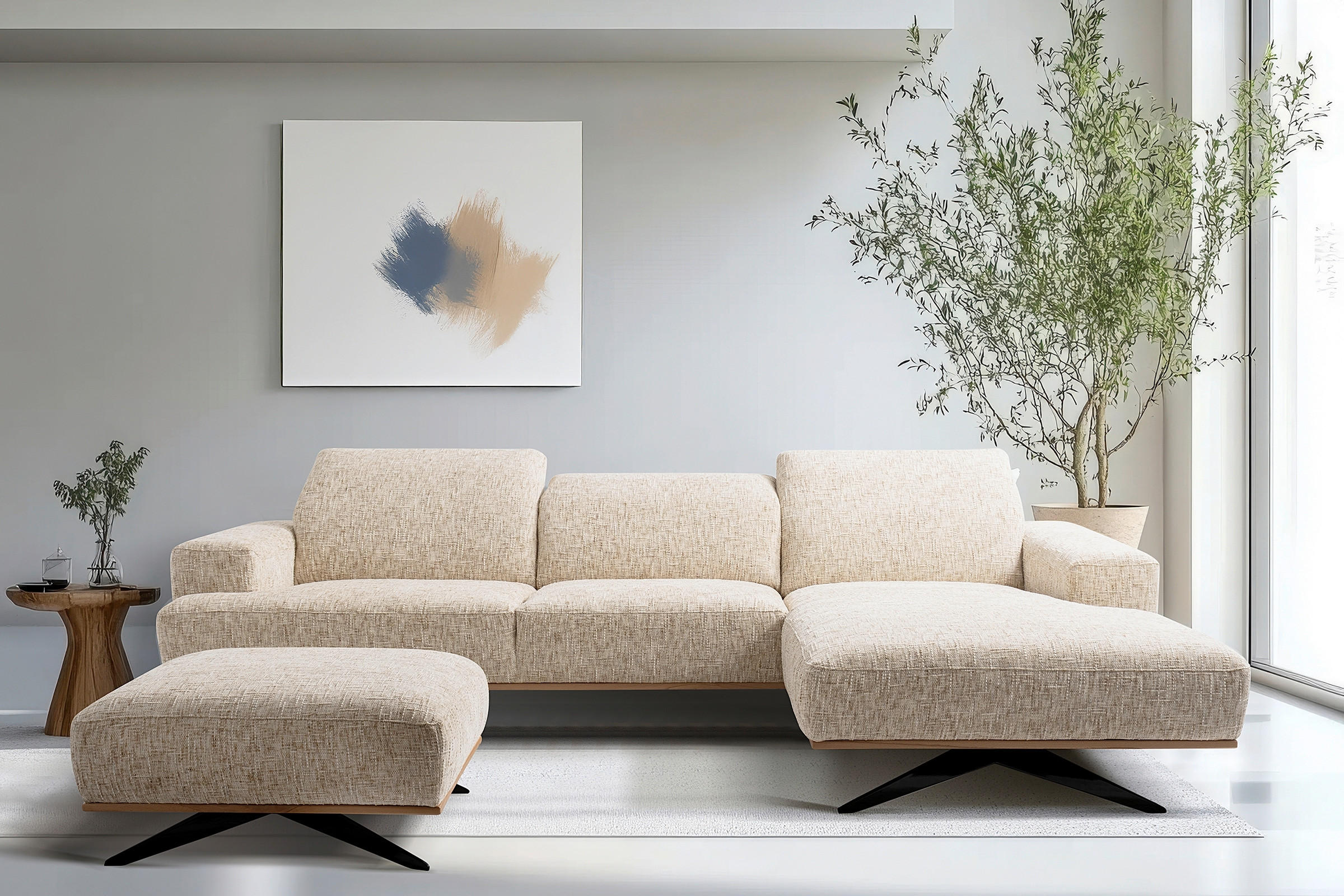 ECKSOFA PORTLAND in Struktur Beige Kopfteilverstellung  295/187 cm  - Beige/Schwarz, Design, Holz/Textil (295/187cm) - Livetastic