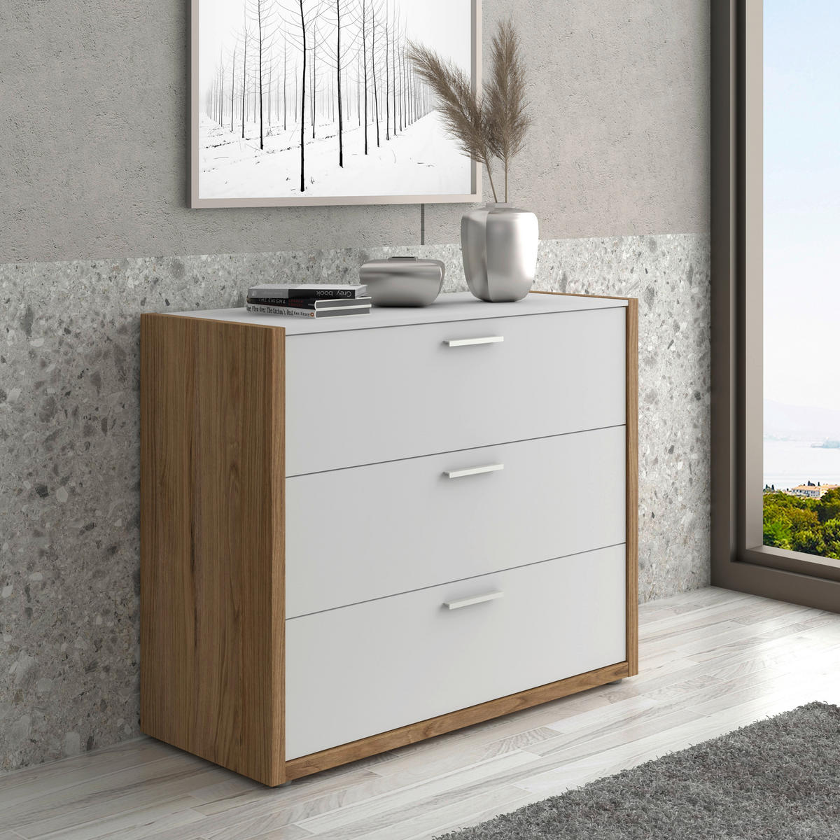 KOMODA   101,1/83,3/41,5 cm   bijela, boje hrasta  - bijela/siva, Moderno, drvni materijal/metal (101,1/83,3/41,5cm) - Carryhome