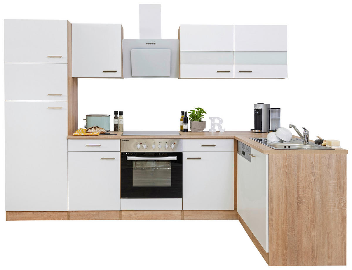 ECKKÜCHE 280/172 cm  in Weiß  - Edelstahlfarben/Eichefarben, Basics, Holzwerkstoff/Metall (280/172cm) - Respekta