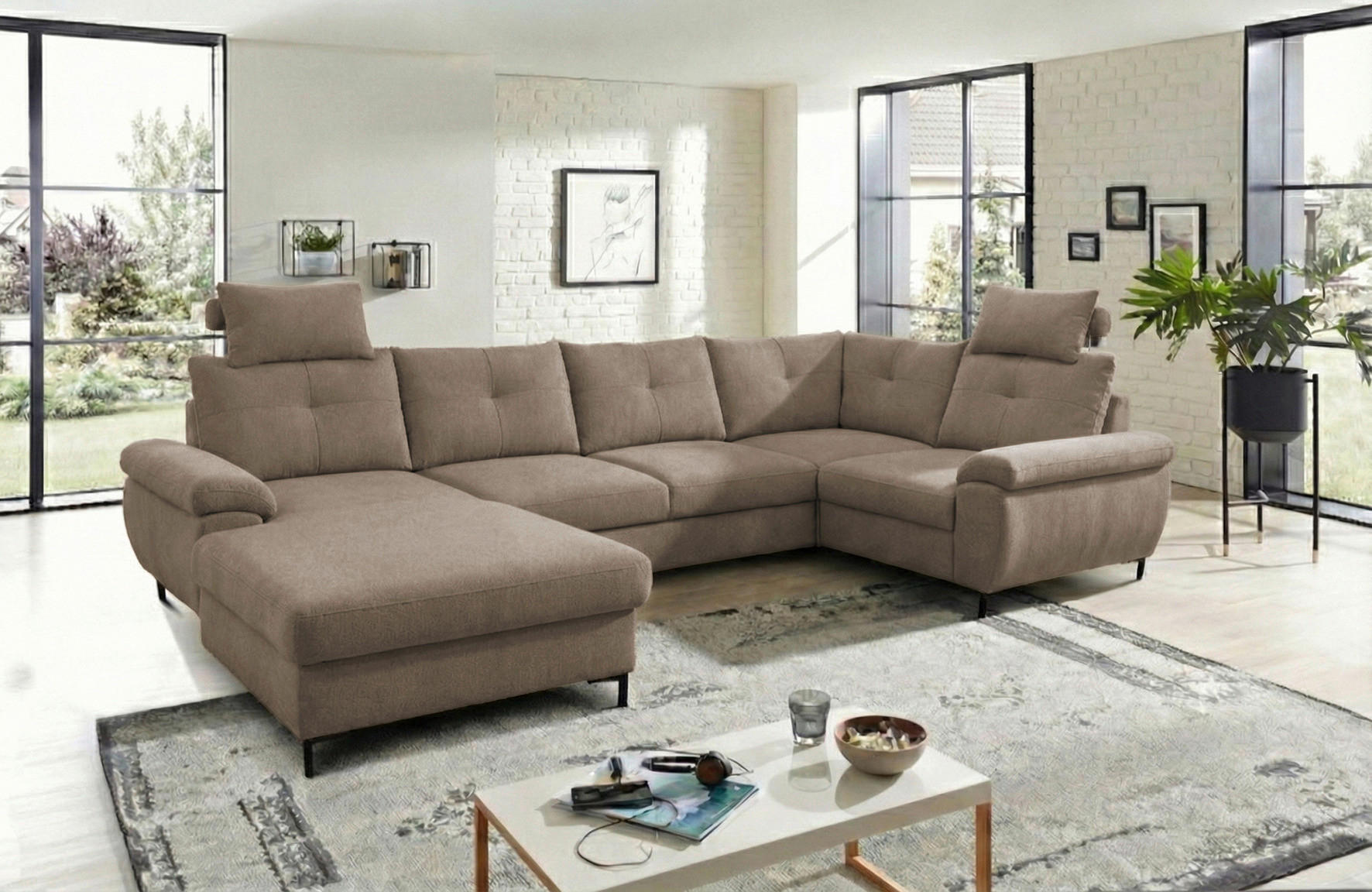 WOHNLANDSCHAFT SOLEI U in Chenille Taupe  - Taupe/Schwarz, Design, Kunststoff/Textil (188/334/184cm) - MID.YOU