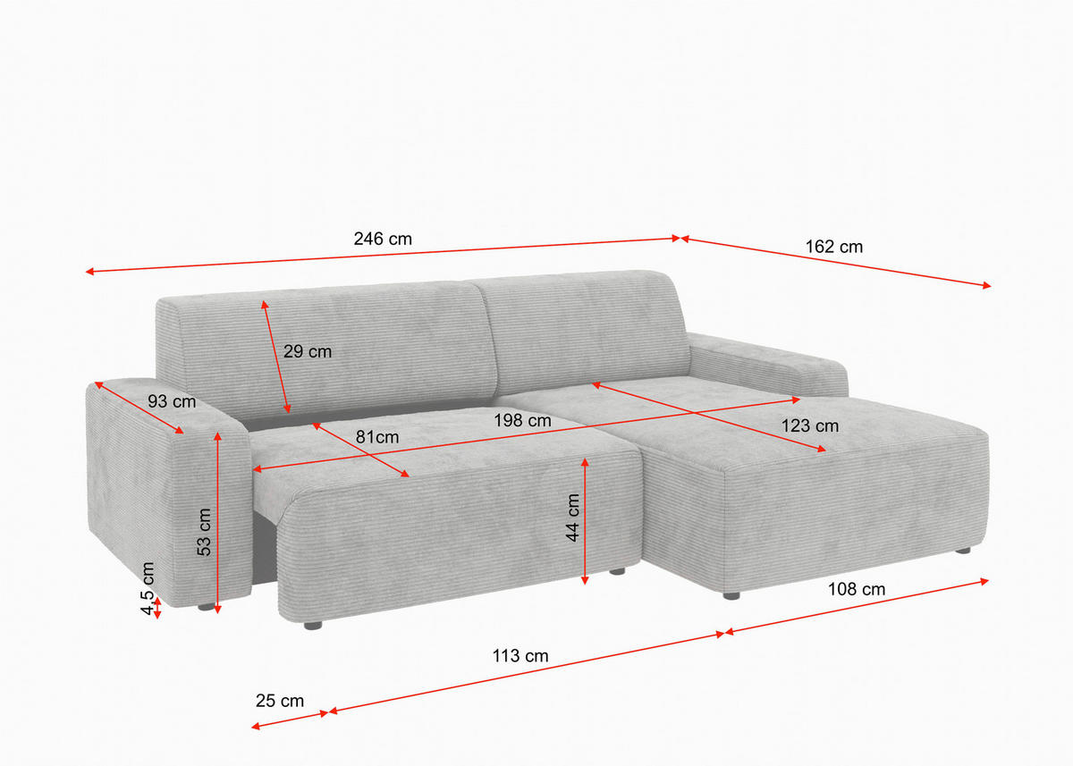 ECKSOFA WIEN in Cord Pink Bettkasten, Sitzvorzug  246/162 cm  - Pink/Schwarz, MODERN, Kunststoff/Textil (246/162cm) - Trendmanufaktur