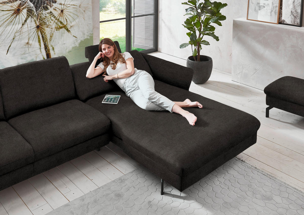 ECKSOFA in Velours Dunkelbraun  - Dunkelbraun/Schwarz, Design, Textil/Metall (306/179cm) - Beldomo System