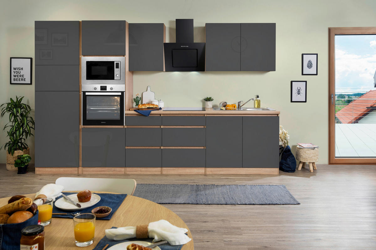 KÜCHENBLOCK 335 cm   in Grau Hochglanz  - Eichefarben/Grau Hochglanz, Basics, Holzwerkstoff (335cm) - Respekta