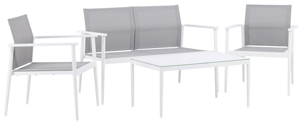 LOUNGEGARNITUR 4-teilig   Aluminium  - Weiß/Grau, KONVENTIONELL, Glas/Textil - Gardenson