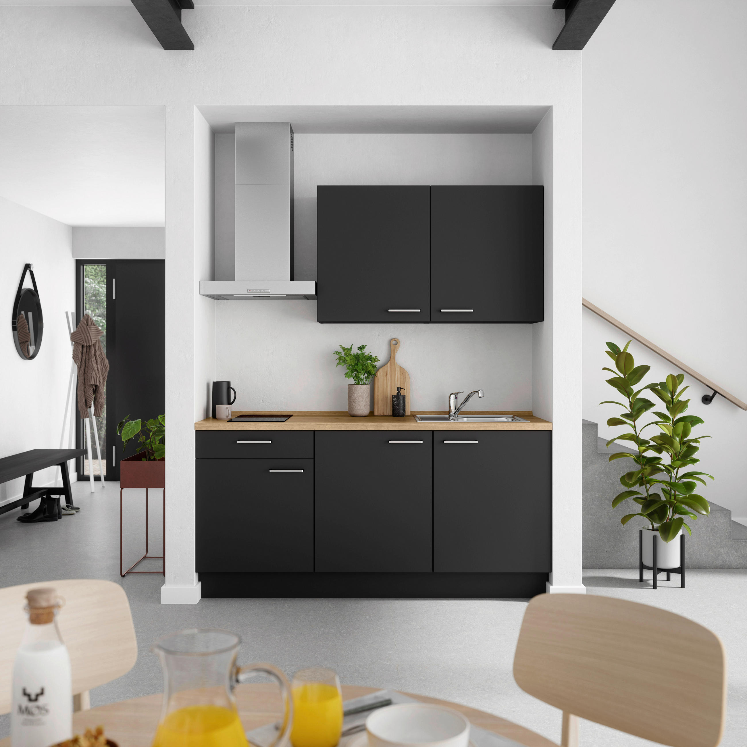 KÜCHENBLOCK 180 cm   in Schwarz, Eichefarben  - Edelstahlfarben/Eichefarben, MODERN, Holzwerkstoff/Metall (180cm) - Nobilia