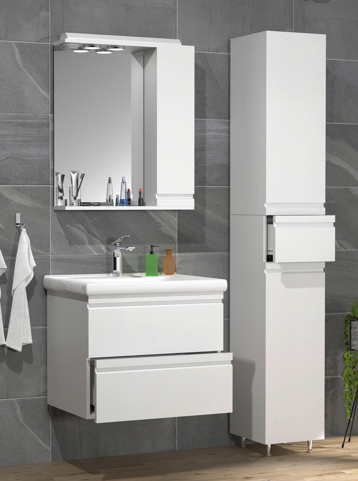 BADEZIMMER 4-teilig  in 90 cm  - Weiss, Modern, Glas/Keramik (90cm) - MID.YOU