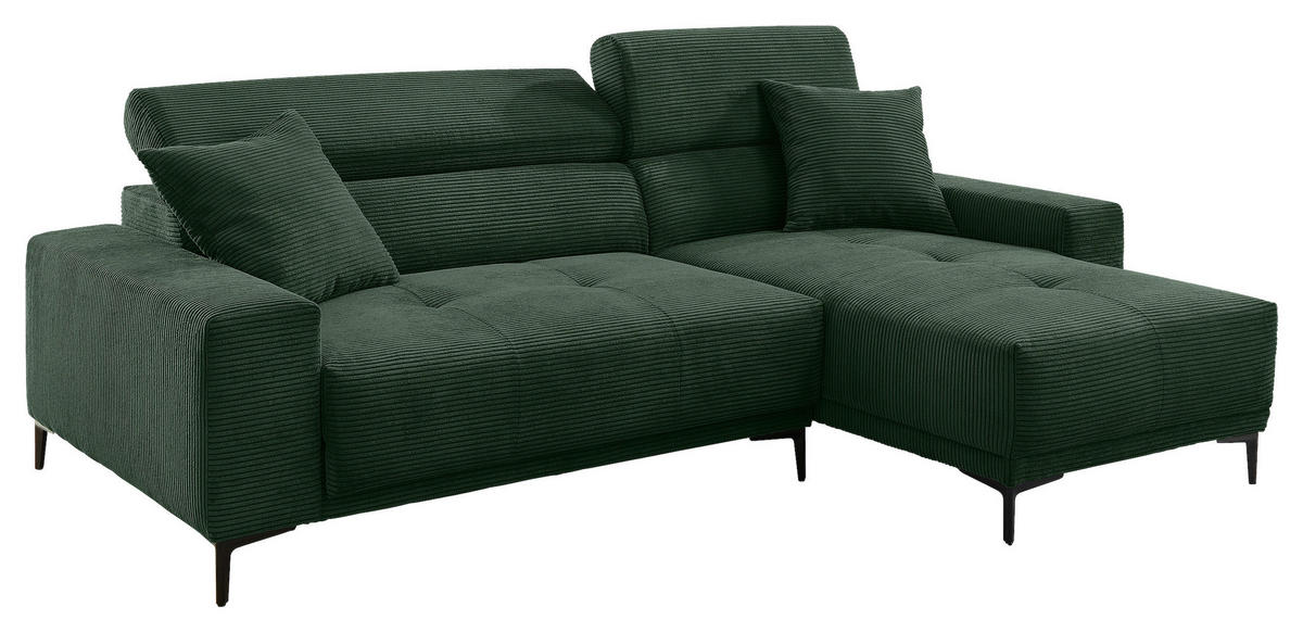 ECKSOFA ORIO Dunkelgrün Cord Zierkissen, Kopfteilverstellung, Sitzvorzug  - Dunkelgrün/Schwarz, Basics, Textil/Metall (250/183cm) - Livetastic
