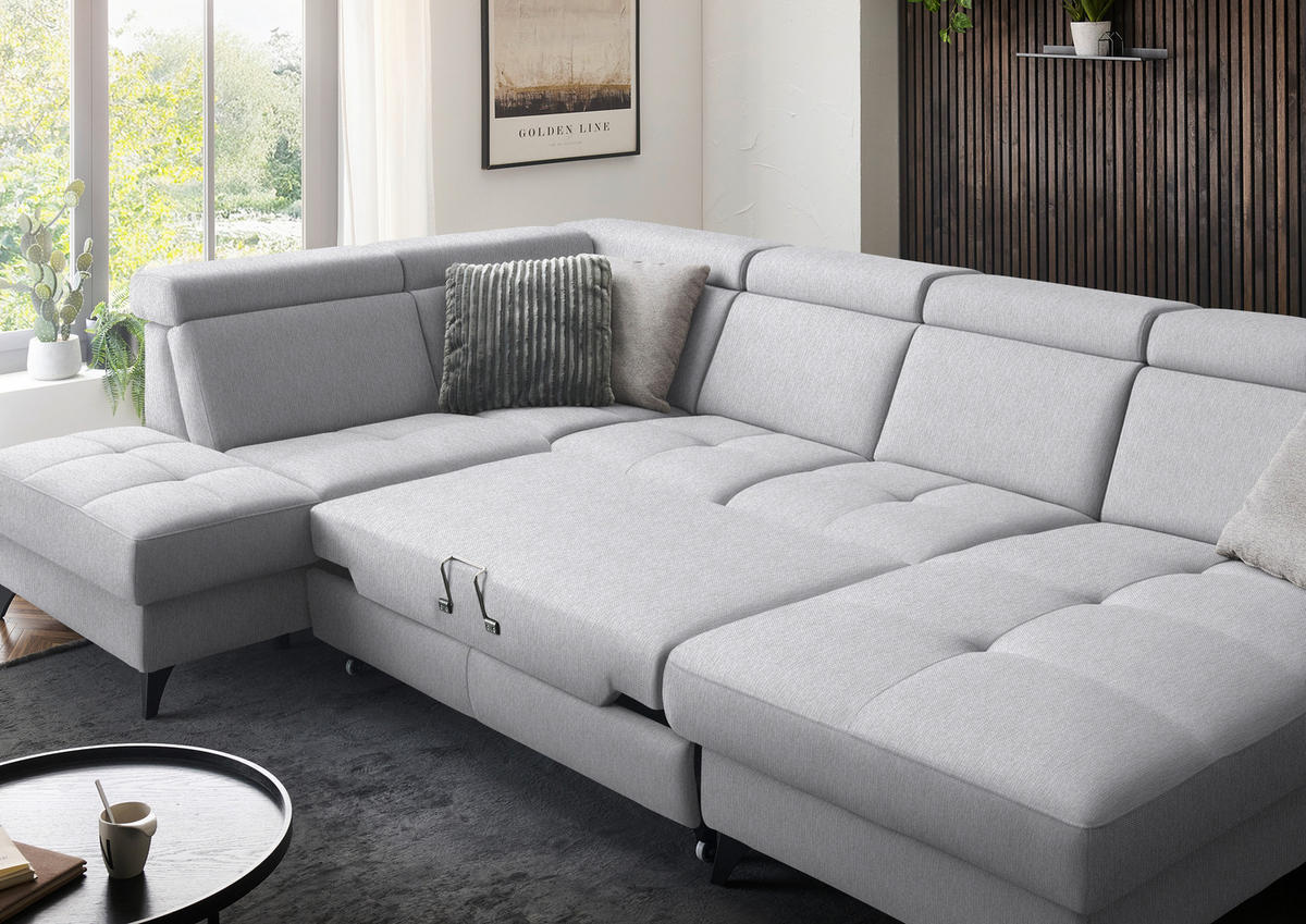 WOHNLANDSCHAFT Flachgewebe Ecru  - Ecru/Schwarz, Konventionell, Textil/Metall (215/333/174cm) - Beldomo System