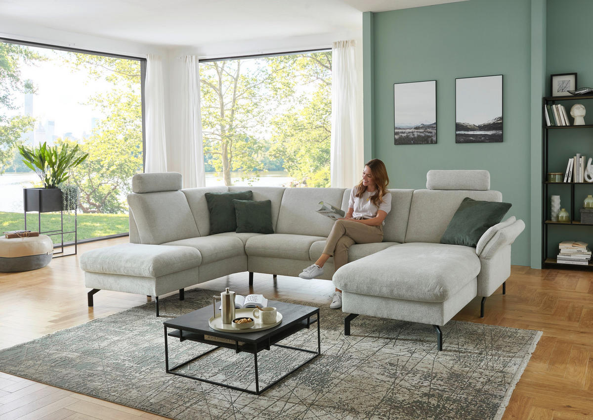 WOHNLANDSCHAFT Flachgewebe Ecru  - Ecru/Schwarz, Konventionell, Textil/Metall (190/307/170cm) - Beldomo Comfort