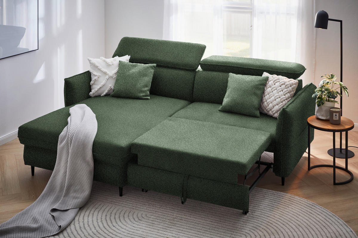 ECKSOFA in Flachgewebe Grün  - Schwarz/Grün, Design, Holz/Textil (185/232cm) - Stylife