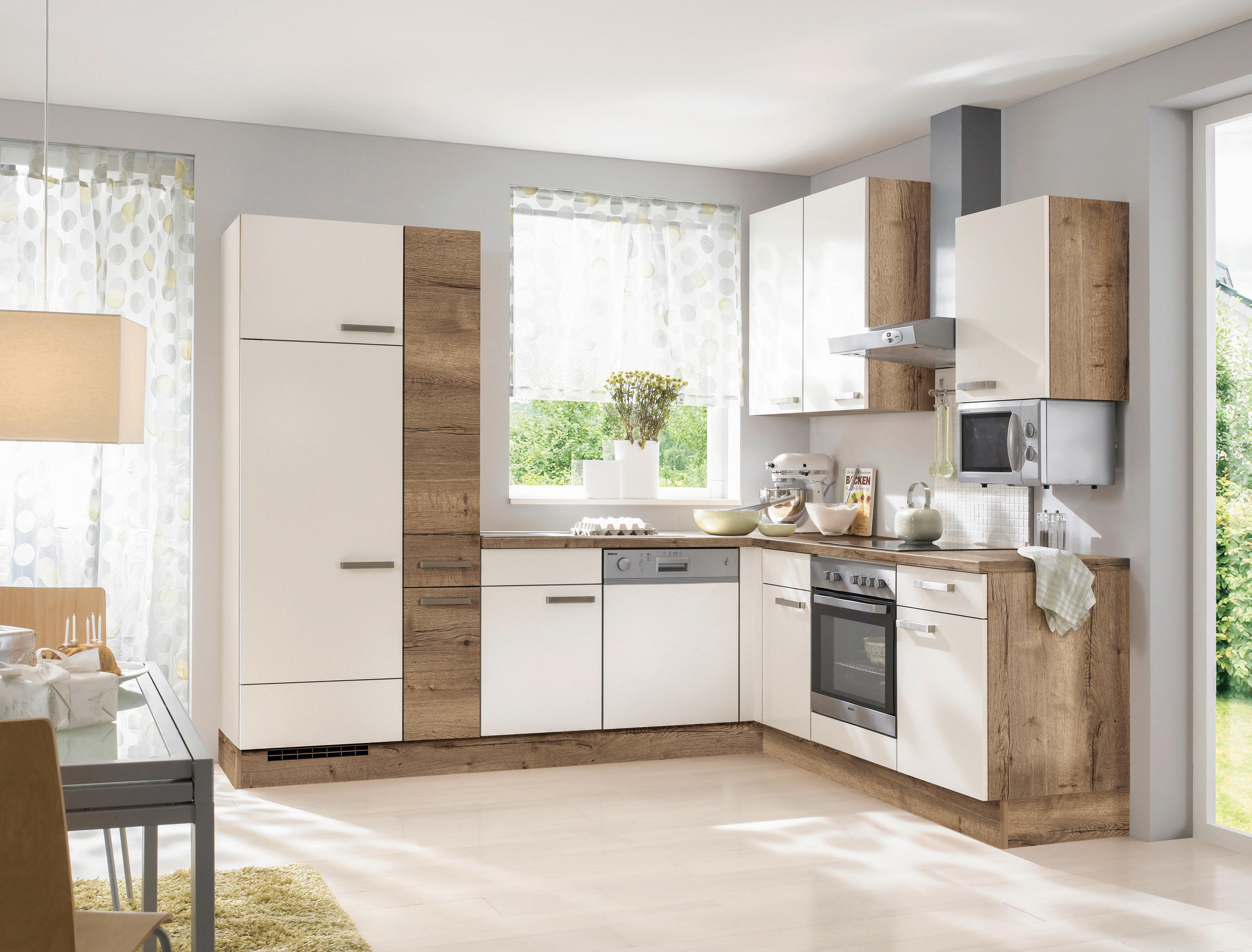 EINBAUKÜCHE   - Eichefarben/Magnolie, Basics, Holzwerkstoff - Celina