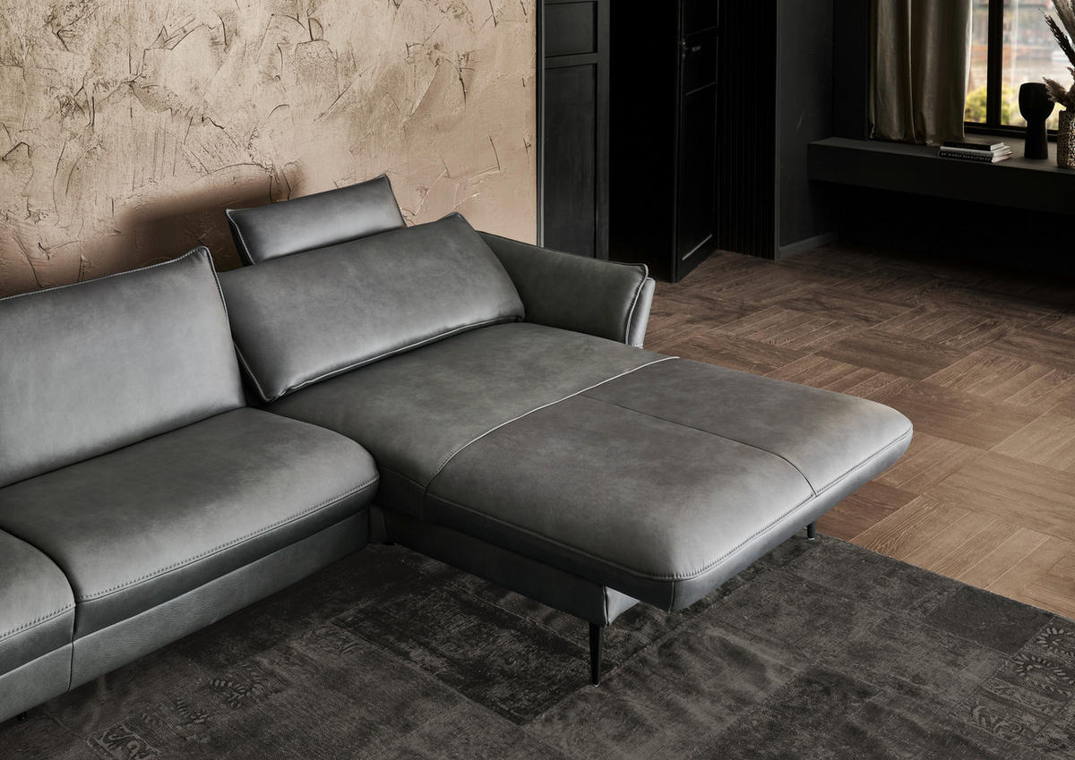 ECKSOFA in Echtleder Anthrazit  - Anthrazit/Schwarz, Design, Leder/Metall (334/172cm) - Hukla