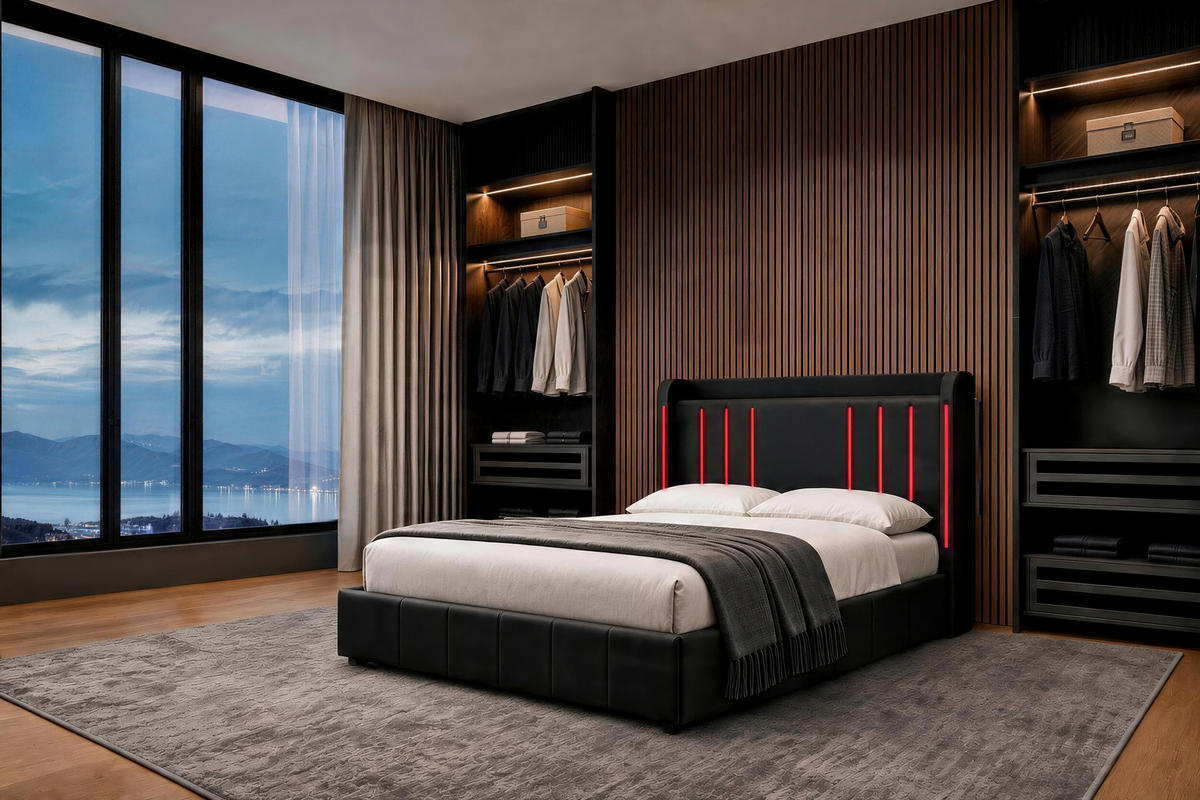 POLSTERBETT 140/200 cm,  in Dunkelgrau, gepolstertes Kopfteil, Beleuchtung, Lattenrost,  - Dunkelgrau/Schwarz, Design, Holz/Textil (140/200cm) - Boxxx