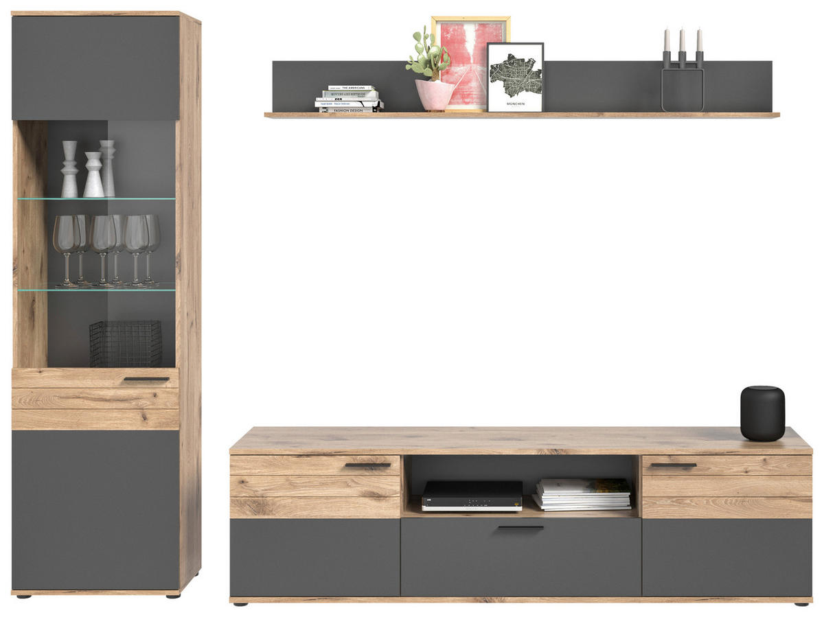 WOHNWAND  in Grau  266/200/47 cm  - Schwarz/Grau, KONVENTIONELL, Glas/Holzwerkstoff (266/200/47cm) - MID.YOU