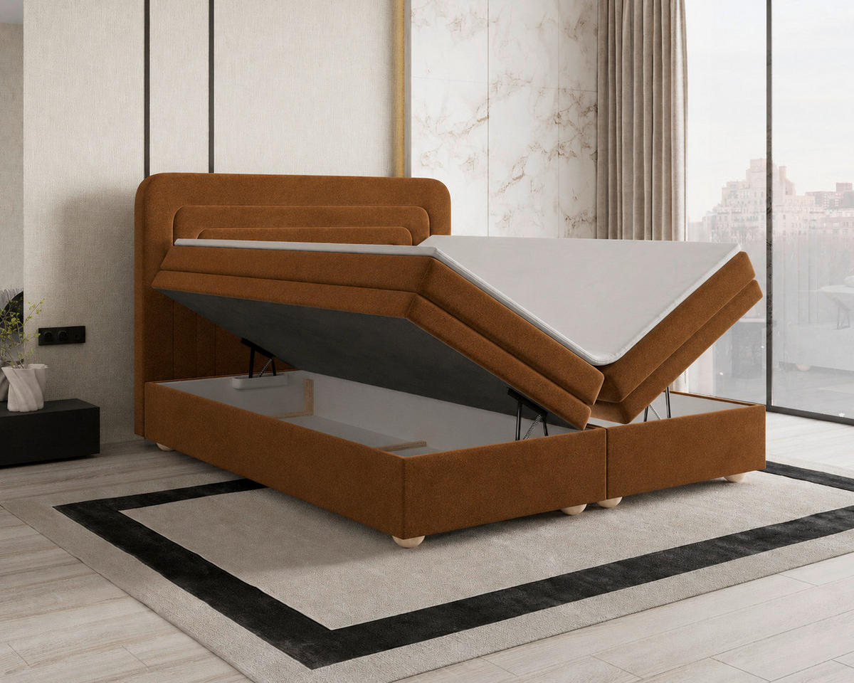BOXBETT 160/200 cm,  in Terracotta, gepolstertes Kopfteil, Bettkasten, Topper, H2 + H3 = mittel + fest  - Terracotta/Bronzefarben, MODERN, Holz/Kunststoff (160/200cm) - Livetastic