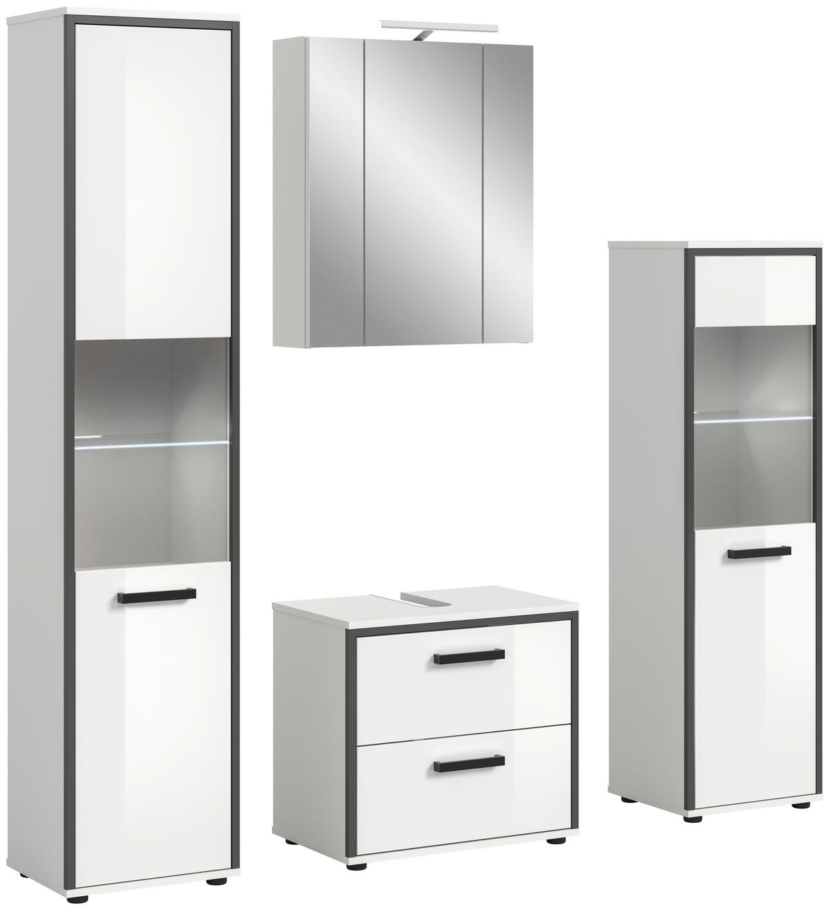 BADEZIMMER 4-teilig  in 140 cm  - Weiß Hochglanz/Schwarz, MODERN, Holzwerkstoff/Kunststoff (140cm) - MID.YOU