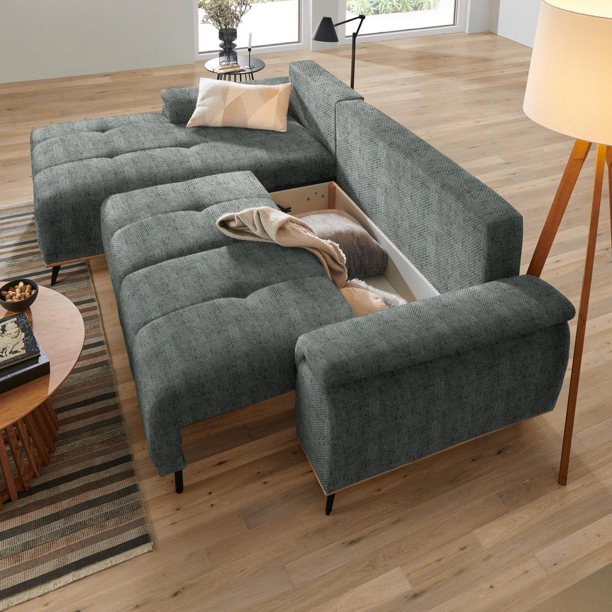 ECKSOFA in Struktur Dunkelgrau  - Dunkelgrau/Schwarz, Modern, Textil/Metall (168/262cm) - home24