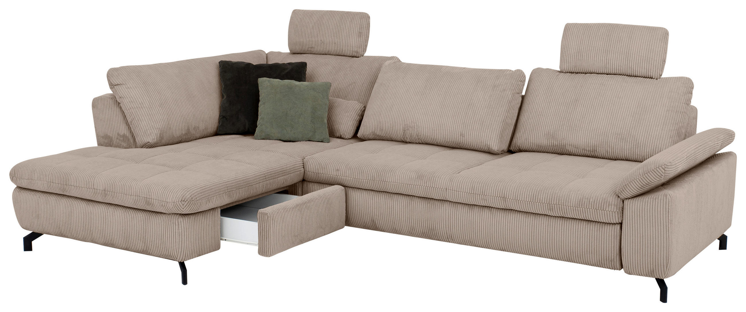 ECKSOFA inkl. Funktionen Sense Hellbraun Cord, Velours  - Hellbraun/Schwarz, Design, Textil/Metall (197/291cm) - Beldomo Style