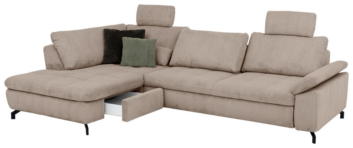 ECKSOFA inkl. Funktionen Sense Hellbraun Cord, Velours  - Hellbraun/Schwarz, Design, Textil/Metall (197/291cm) - Beldomo Style