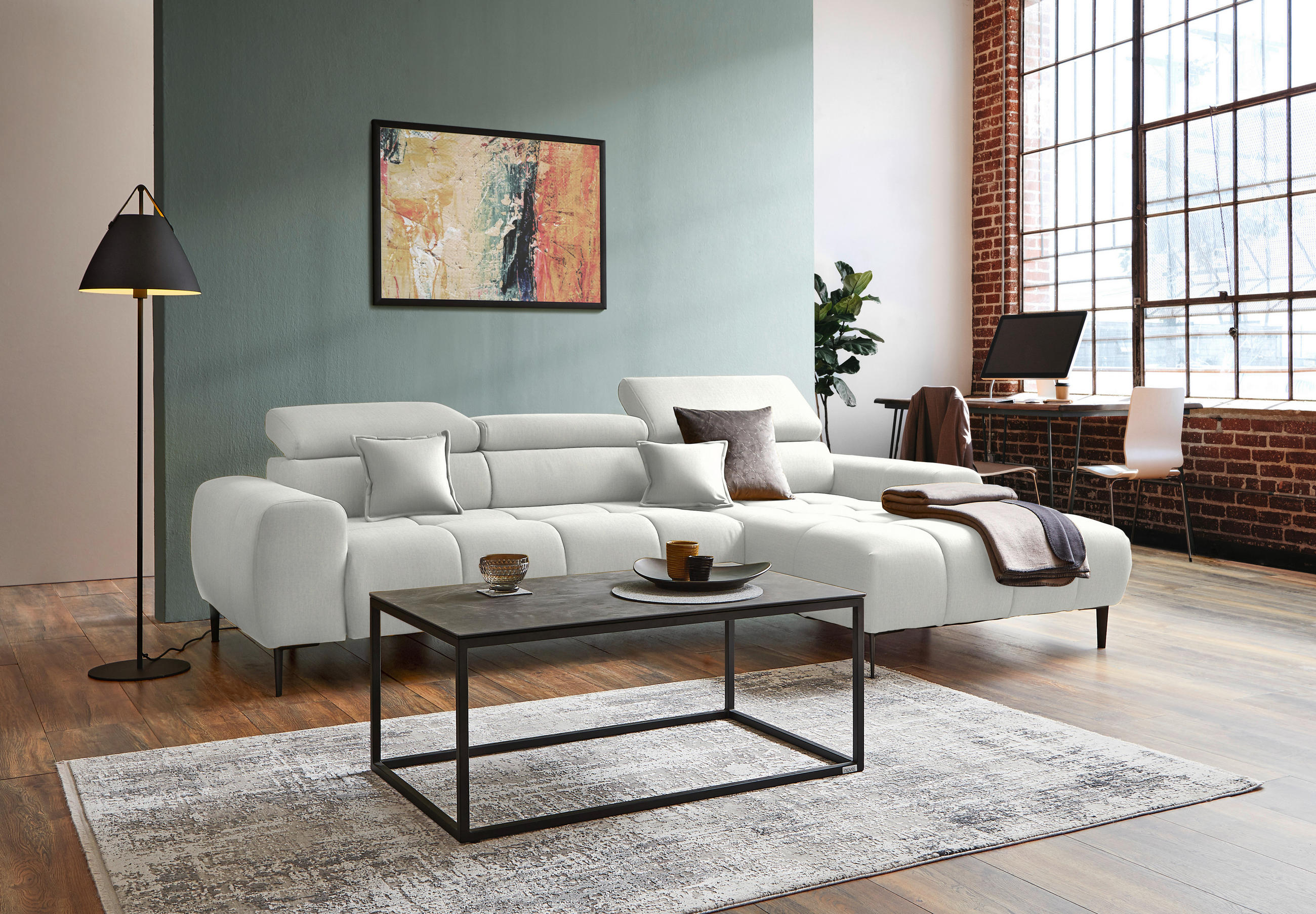 ECKSOFA in Samt, Webstoff Creme  - Creme/Schwarz, Design, Textil/Metall (270/177cm) - Welnova