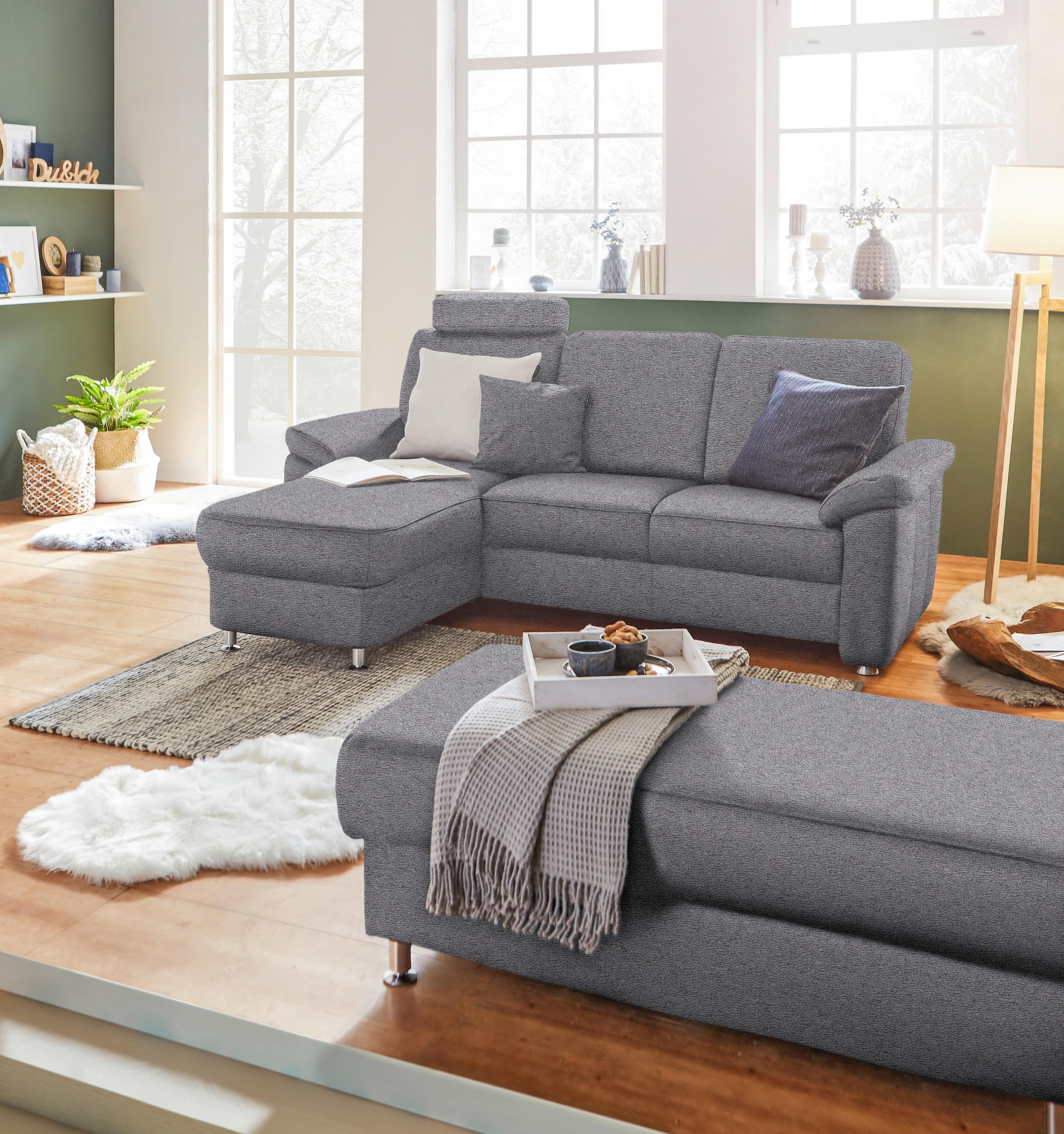 ECKSOFA in Flachgewebe Grau  - Chromfarben/Grau, Konventionell, Textil/Metall (163/220cm) - Beldomo System