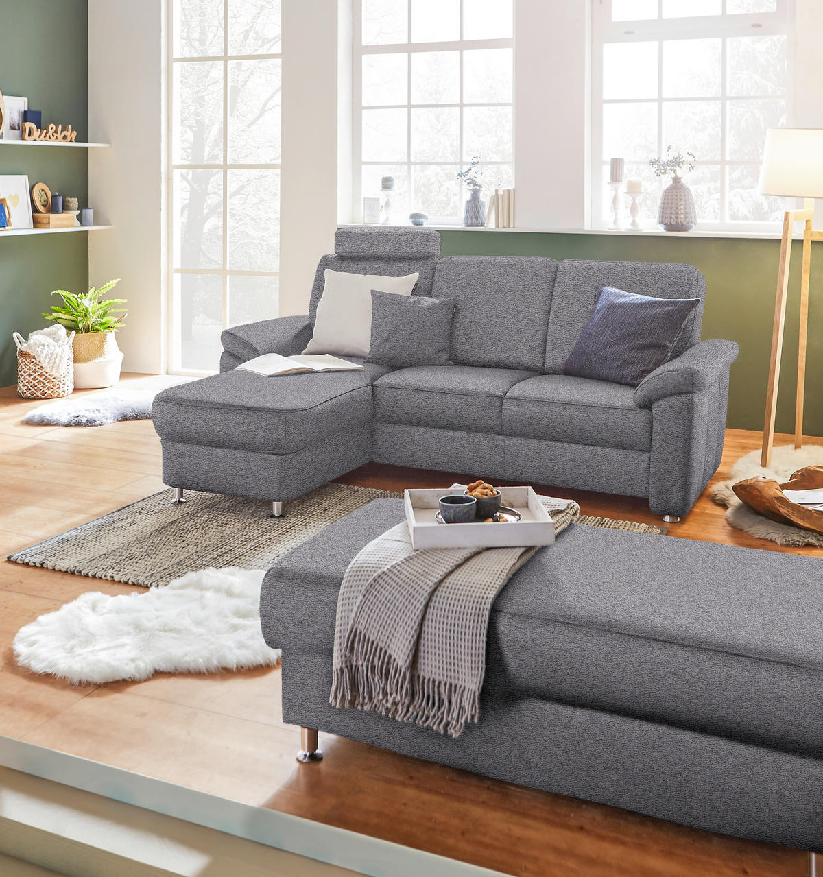 ECKSOFA in Flachgewebe Grau  - Chromfarben/Grau, Konventionell, Textil/Metall (163/220cm) - Beldomo System