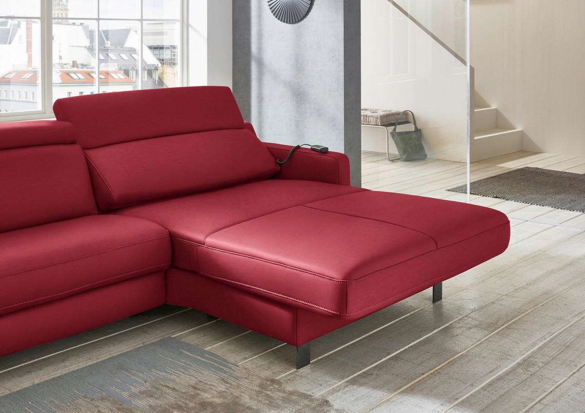 ECKSOFA in Echtleder Rot  - Rot/Schwarz, Design, Leder/Metall (291/176cm) - Valdera