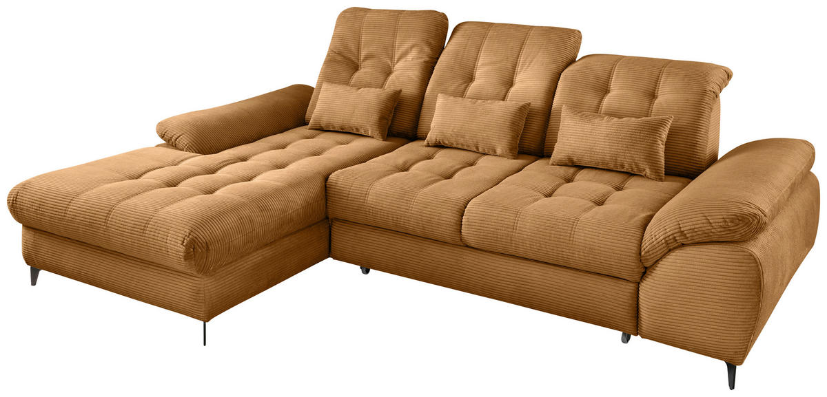 ECKSCHLAFSOFA  mit seitenverkehrt erhältlich, Rücken echt, Armteil links, Armteil rechts Cord Goldfarben  - Goldfarben/Schwarz, MODERN, Textil/Metall (189/273cm) - Livetastic