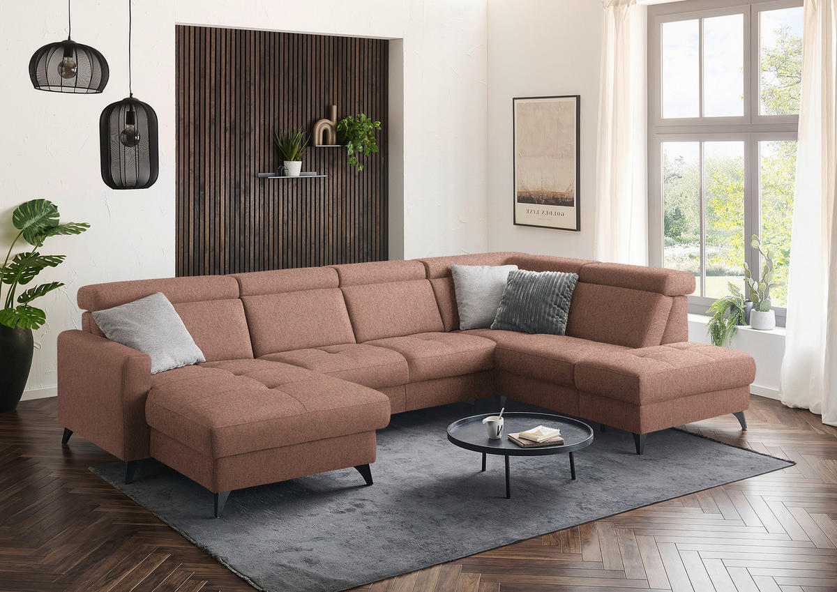 WOHNLANDSCHAFT Beldomo System in Flachgewebe Terracotta  - Terracotta/Schwarz, KONVENTIONELL, Textil/Metall (174/333/215cm) - Beldomo System