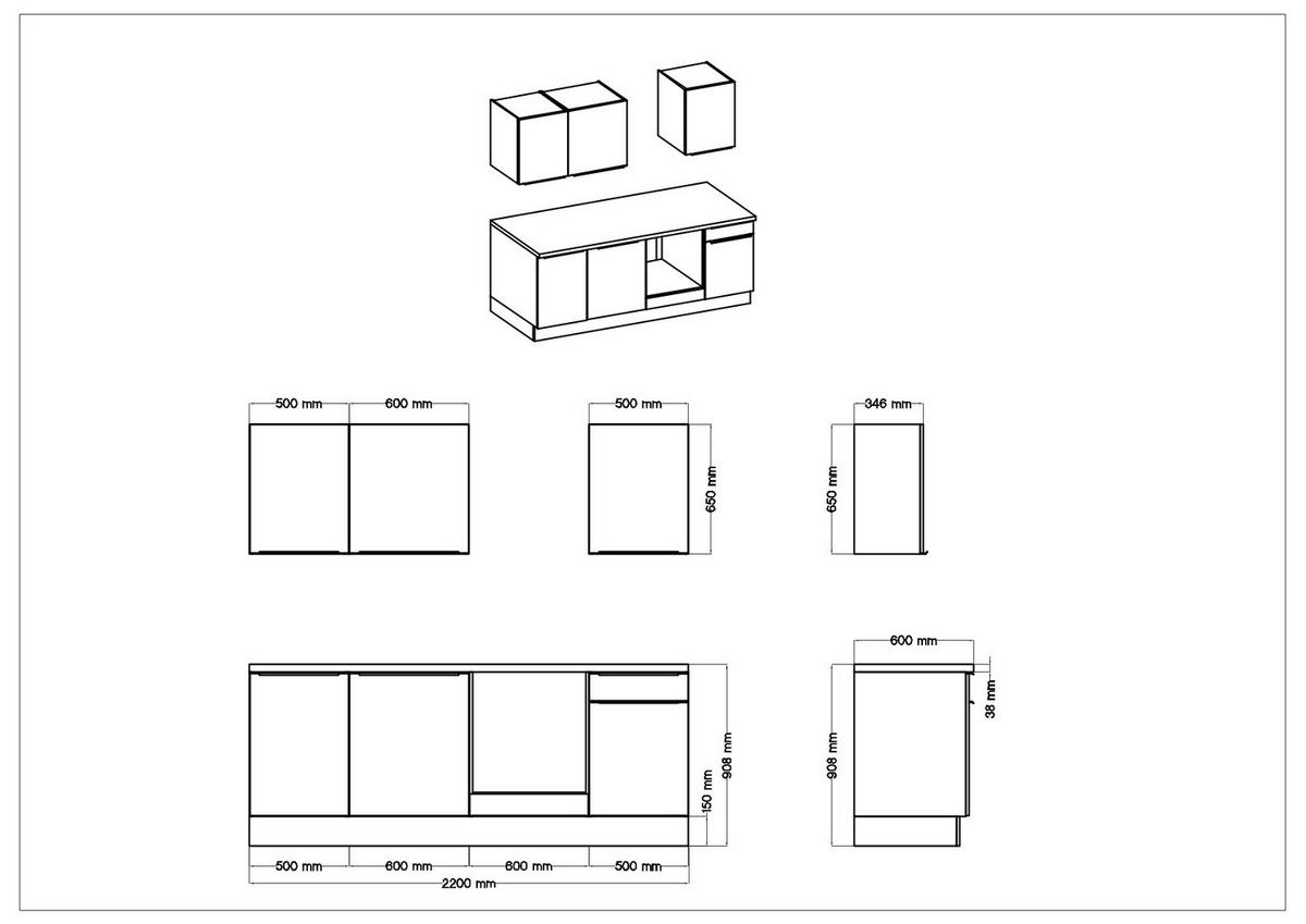KÜCHENBLOCK 220 cm   in Anthrazit, Grau  - Anthrazit/Alufarben, Lifestyle, Holzwerkstoff/Kunststoff (220cm) - Respekta