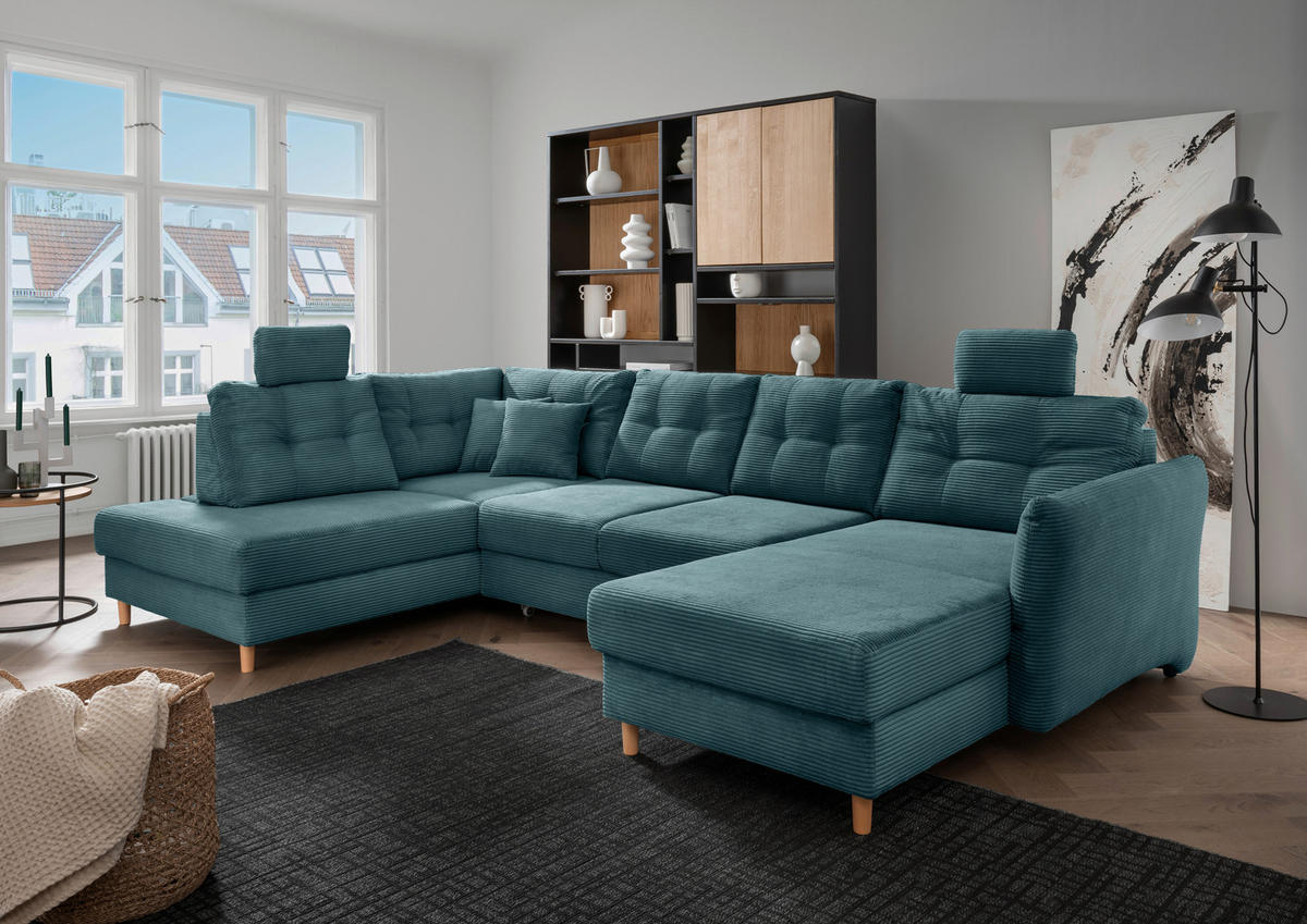 WOHNLANDSCHAFT in Cord Petrol  - Petrol/Naturfarben, Modern, Holz/Textil (206/338-352/176cm) - Livetastic