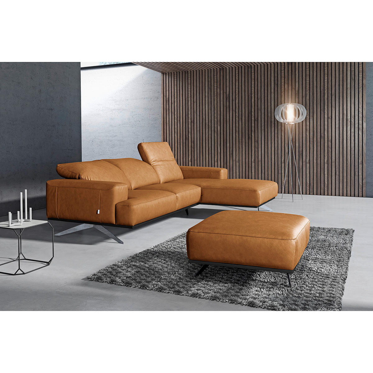 HOCKER Echtleder Cognac  - Chromfarben/Cognac, Design, Leder/Metall (95/46/80cm) - Livetastic