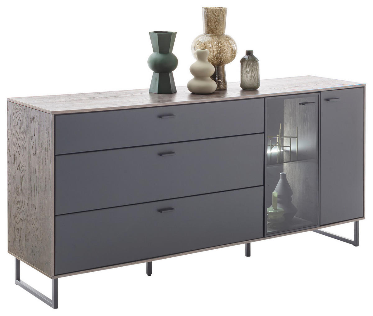 SIDEBOARD Schwarz, Eichefarben  178/84/44 cm  - Eichefarben/Anthrazit, Design, Glas/Holz (178/84/44cm) - Novel
