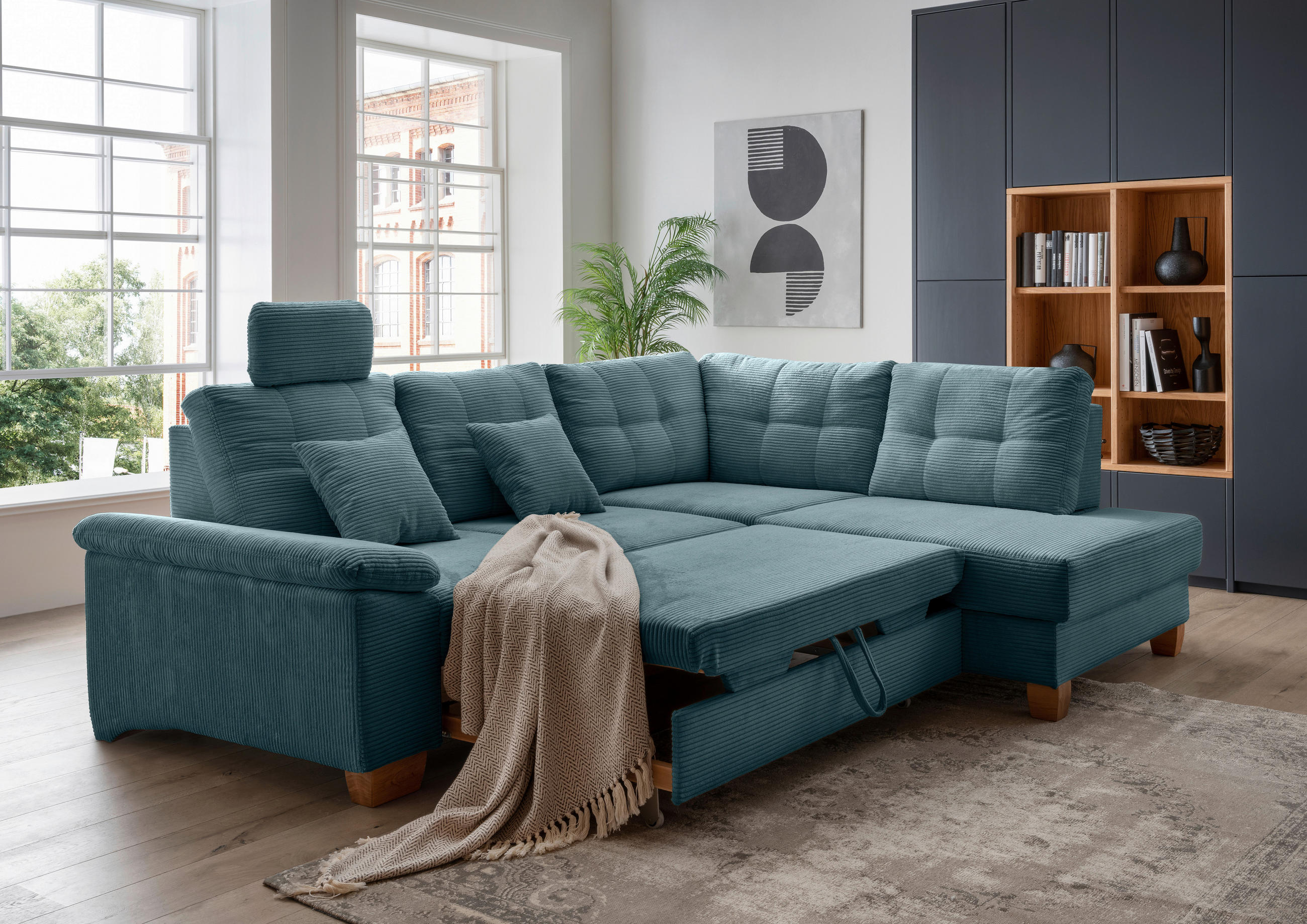 ECKSOFA in Cord Petrol - Petrol/Naturfarben, MODERN, Holz/Textil (274/206cm) - Livetastic