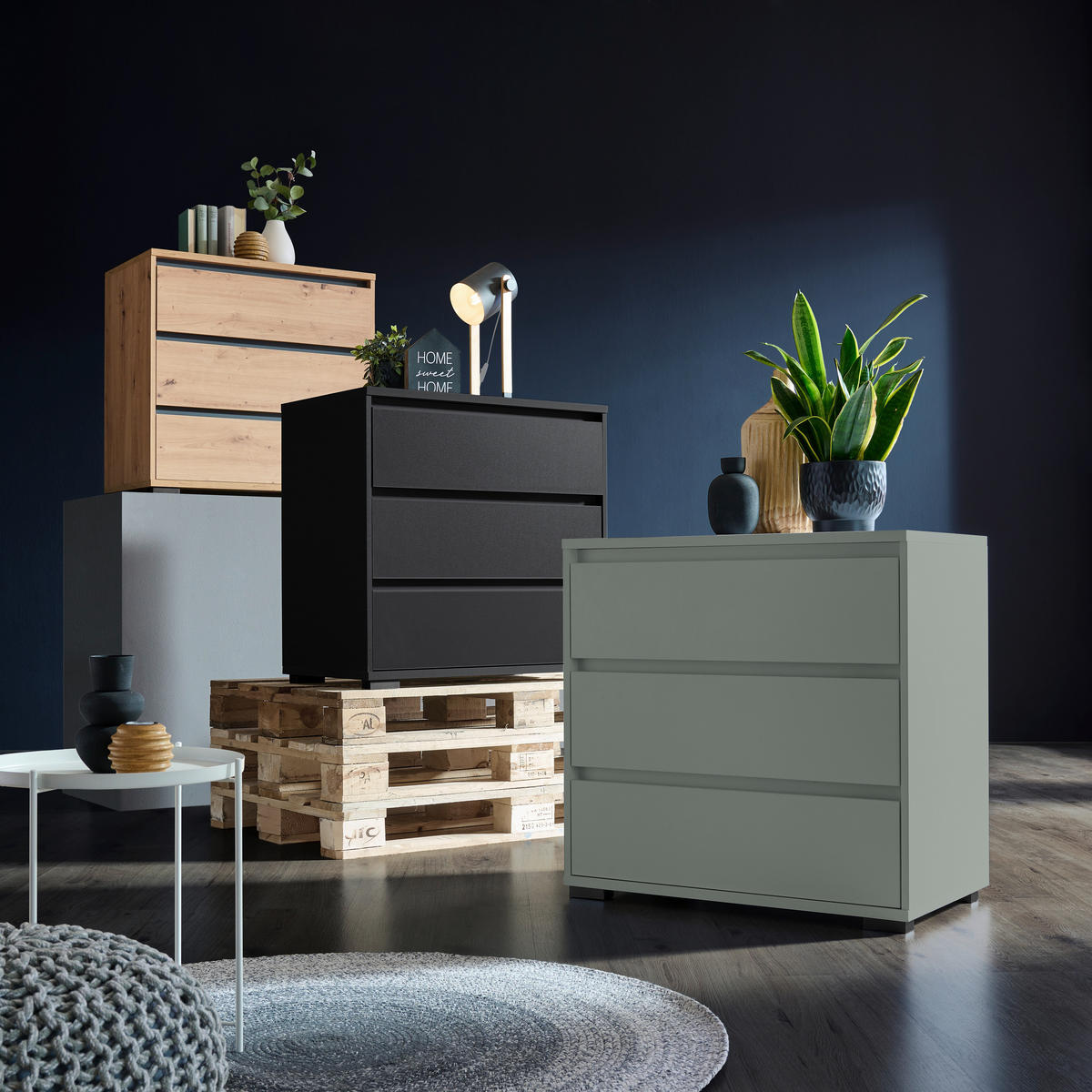 KOMMODE , 80,1/78,8/48 cm, 3 Schublade(n)  - Anthrazit/Graugrün, Design, Holzwerkstoff/Kunststoff (80,1/78,8/48cm) - Carryhome