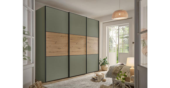 SCHWEBETÜRENSCHRANK  in Salbeigrün, Eiche Artisan  - Salbeigrün/Schwarz, Holzwerkstoff/Metall (249/222/68cm) - Moderano