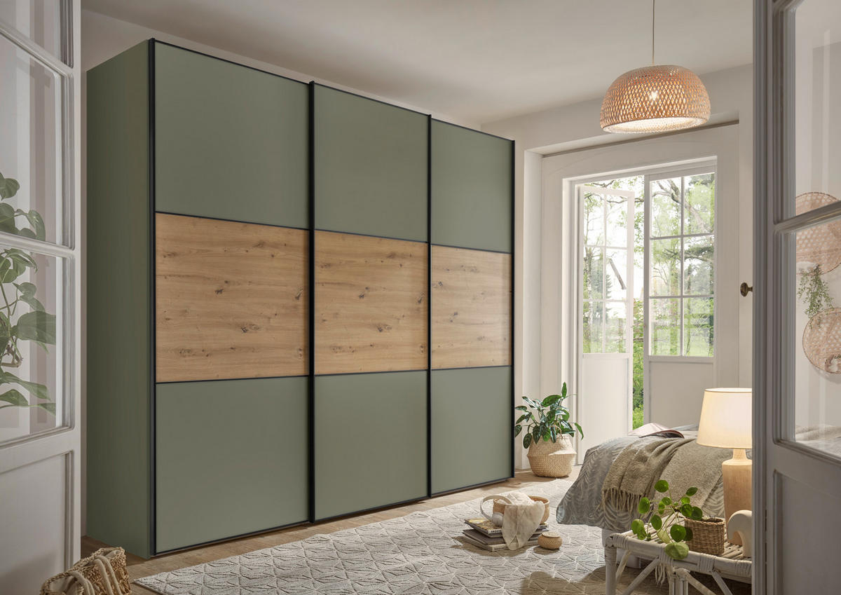 SCHWEBETÜRENSCHRANK 249/222/68 cm 3-türig Salbeigrün, Eiche Artisan  - Salbeigrün/Schwarz, Holzwerkstoff/Metall (249/222/68cm) - Moderano
