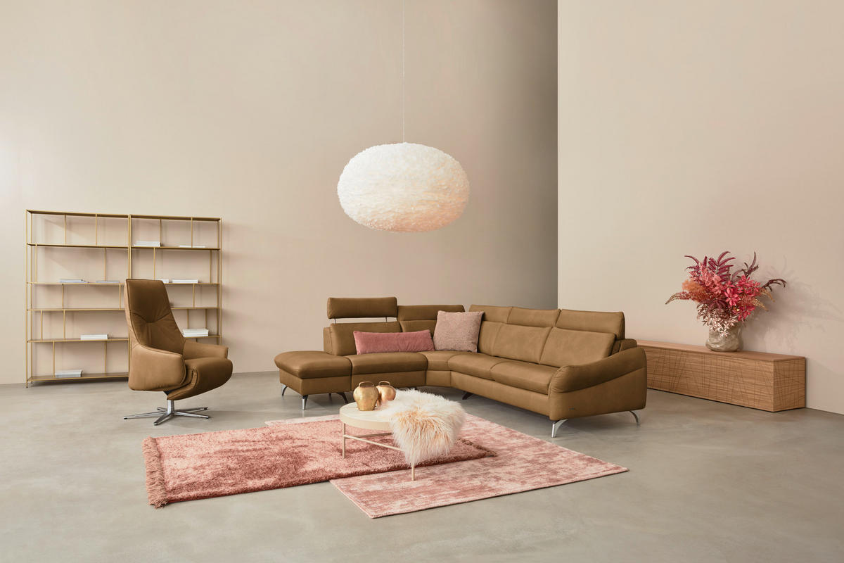 ECKSOFA in Echtleder Honig, Currygelb  - Currygelb/Edelstahlfarben, Konventionell, Leder/Metall (242/296cm) - Himolla Komfortklass