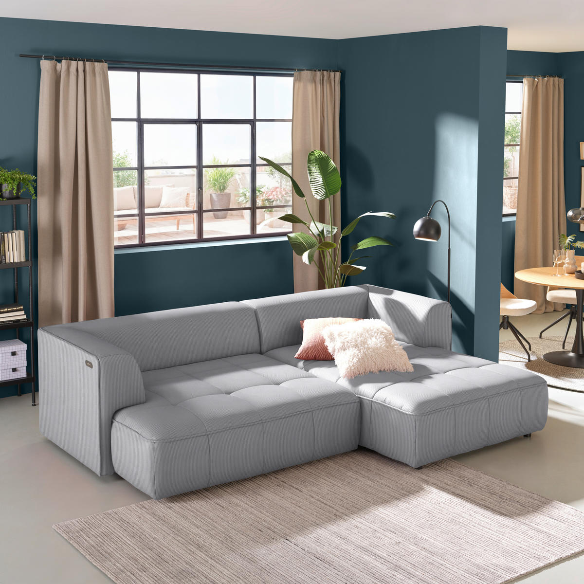 ECKSOFA Feincord Hellgrau  - Hellgrau/Schwarz, Design, Kunststoff/Textil (288/188cm) - Welnova