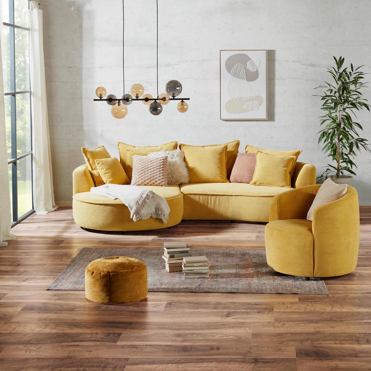 ECKSOFA in Velours, Struktur Senfgelb  - Senfgelb/Schwarz, Modern, Kunststoff/Textil (168/287cm) - Livetastic