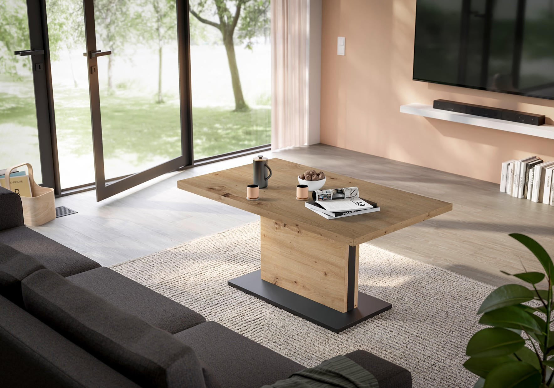 COUCHTISCH Lift rechteckig Schwarz, Eiche Artisan  - Schwarz/Eiche Artisan, Design, Holzwerkstoff/Metall (120/55-69/70cm) - MID.YOU