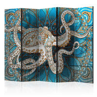 Paravent doppeltseitig mit 5  Flügel - Blau/Braun, MODERN, Holz/Textil (225/172/3cm) - artgeist